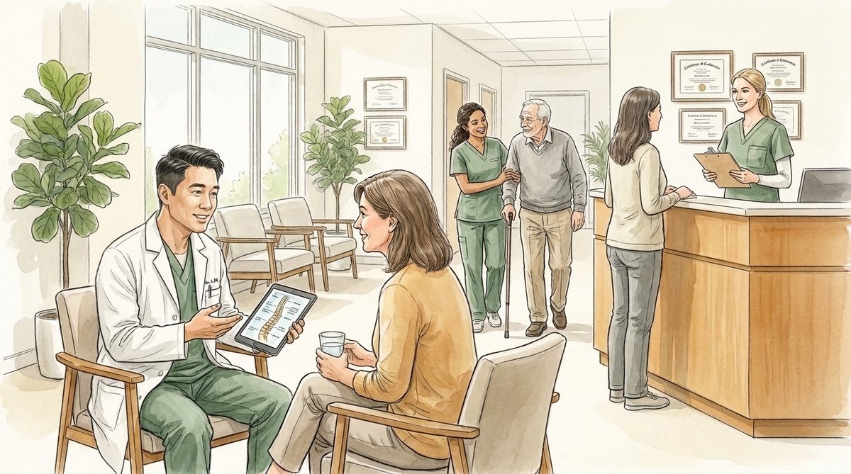Illustration of Dr. Lin consulting with a patient at CPMC Care in Thousand Oaks — clinic reception and care team