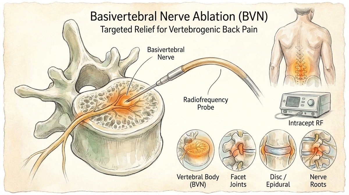 Illustration of basivertebral nerve ablation (BVNA) at CPMC Care Thousand Oaks — vertebrogenic back pain treatment