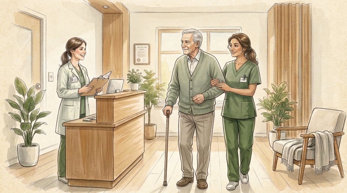 Illustration of a patient arriving at CPMC Care pain clinic in Thousand Oaks — welcoming reception with care team