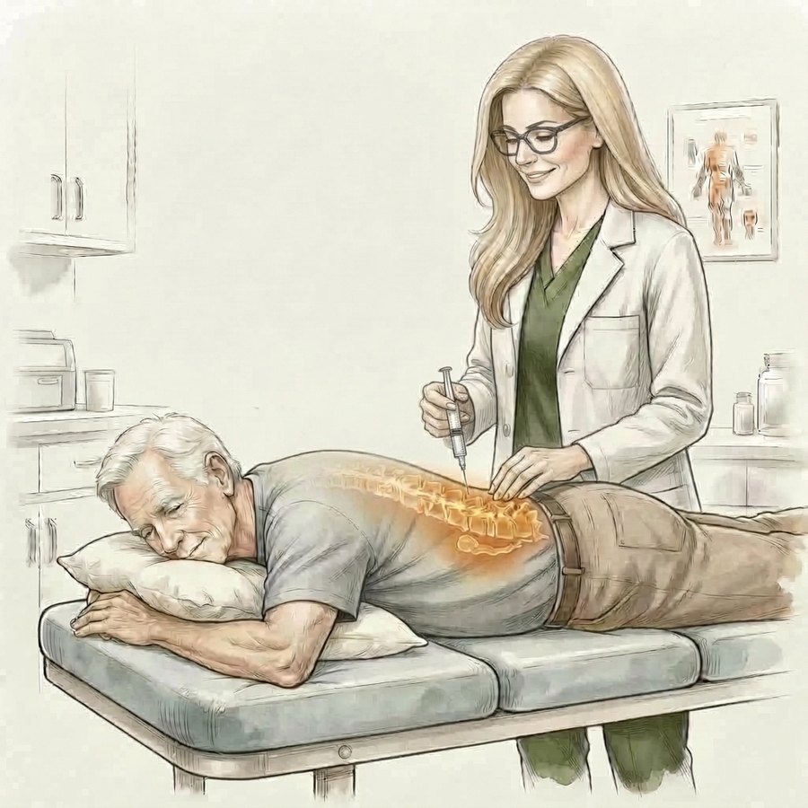 Illustration of a clinician performing an image-guided lumbar injection for an older adult patient at CPMC Care, Thousand Oaks, CA