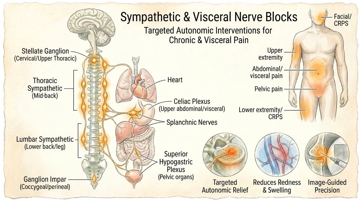 Illustration of sympathetic and visceral nerve block anatomy at CPMC Care Thousand Oaks — autonomic pain pathways