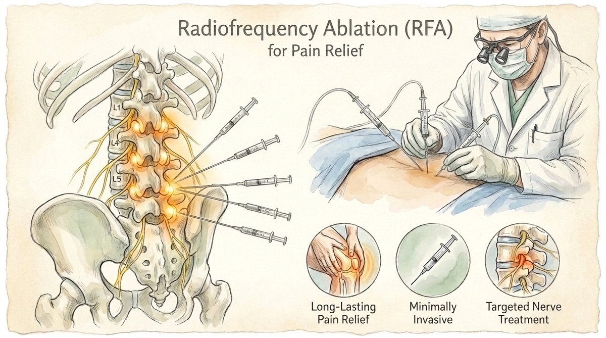 Illustration of radiofrequency ablation procedure at CPMC Care Thousand Oaks — targeted nerve treatment for facet and joint pain