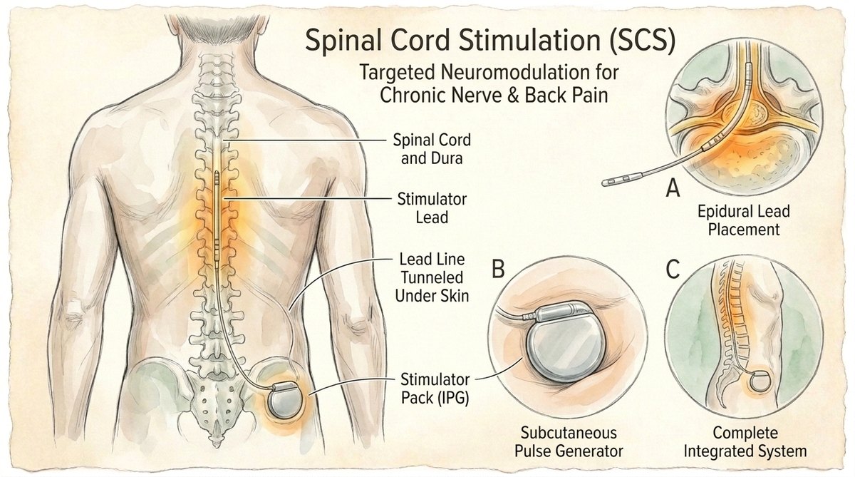Illustration of spinal cord stimulation system at CPMC Care Thousand Oaks — targeted neuromodulation for chronic nerve pain