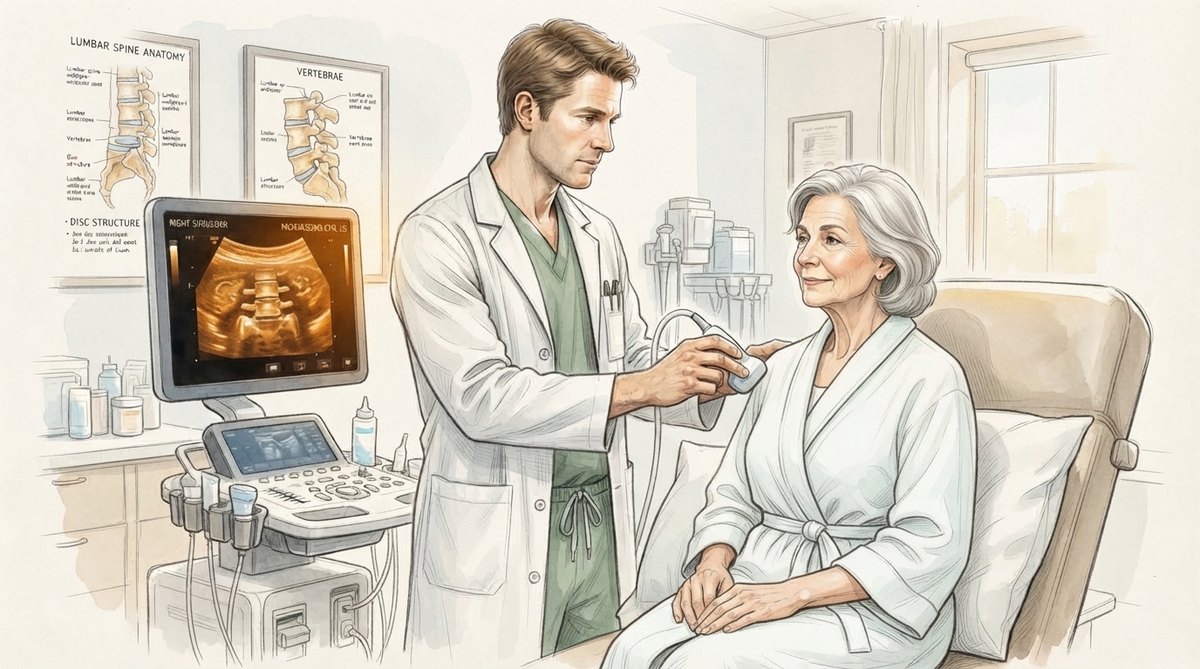 Illustration of a physician performing an ultrasound-guided procedure at CPMC Care Thousand Oaks